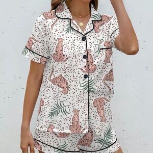 Short Pink Leopard Print Pajama Set with Black Piping